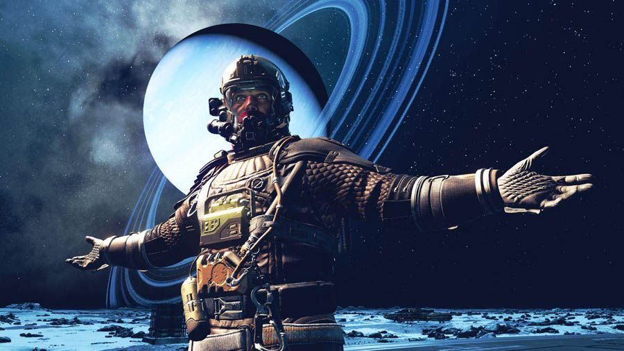 a soldier in deep space with Saturn in his background.