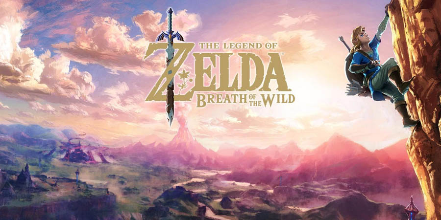 Link climbing a mountain in an official wallpaper of The Legend of Zelda: Breath of the Wild.