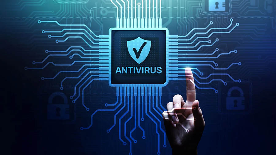 A designed image showing a chipset with the word "antivirus" written on it and a finger pointing at it.