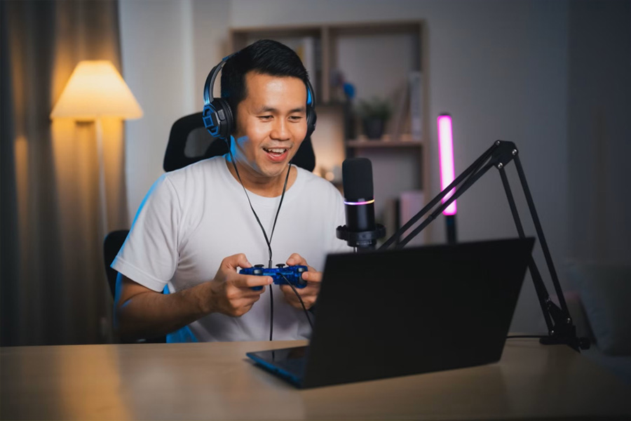 A picture of a gamer while playing.