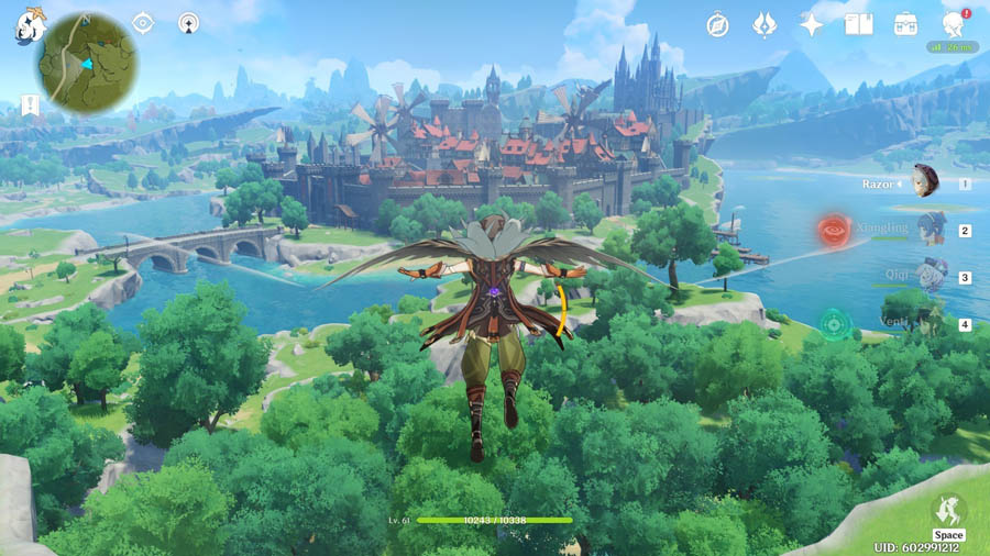 screenshot of genshin impact showing a player flying in the sky.