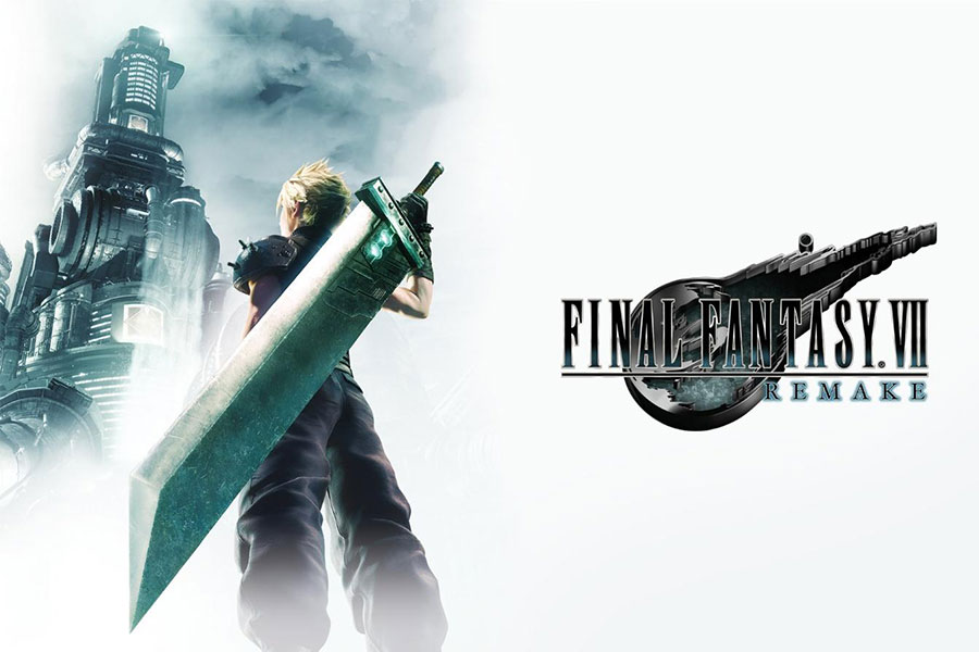 Cloud looking at Shinra headquarters in a wallpaper of Final Fantasy VII Remake.