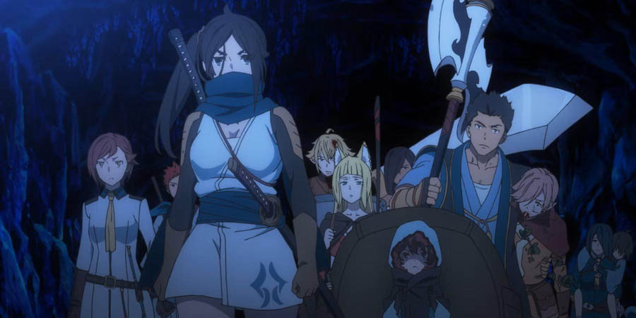 Image of characters from Danmachi inside a dungeon.