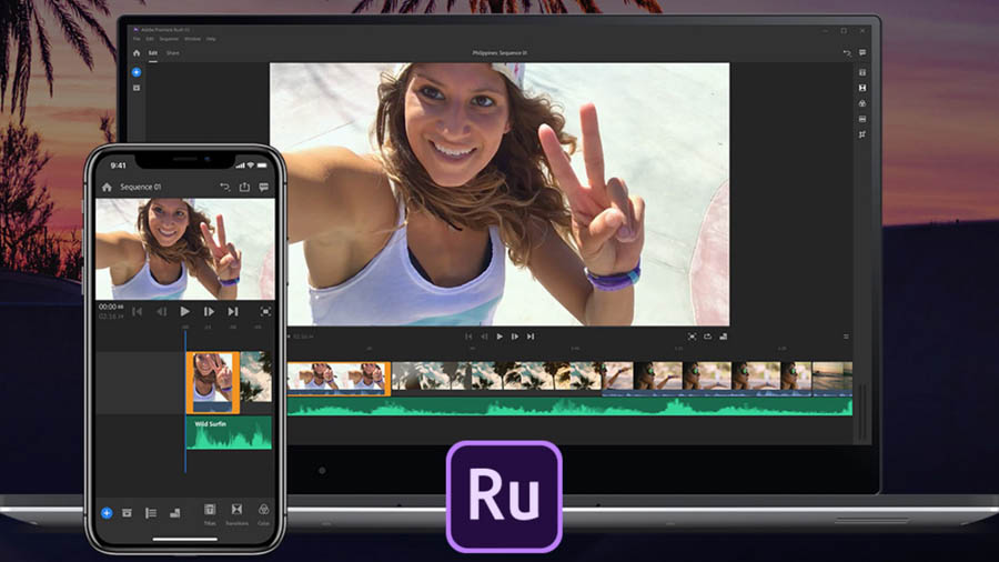 Image of Adobe Premiere Rush on phone and laptop.