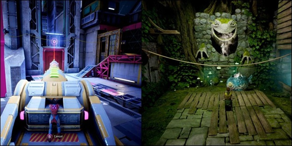 One player in a Sci-Fi World and the other in a Fantasy world should cooperate and solve puzzles