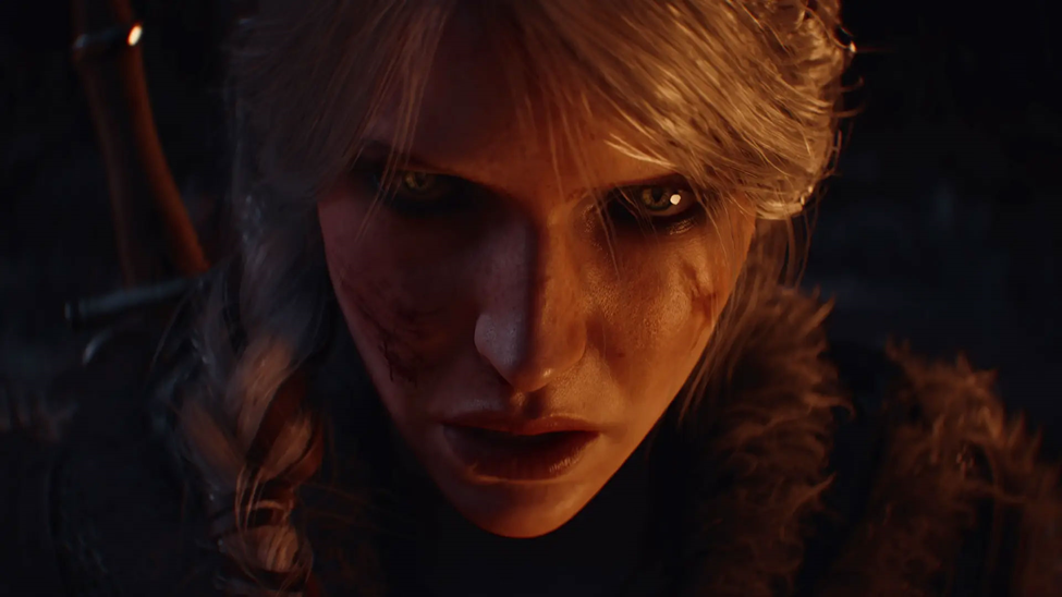 A close-up of Ciri’s scarred face as she prepares for battle in a frost-covered forest