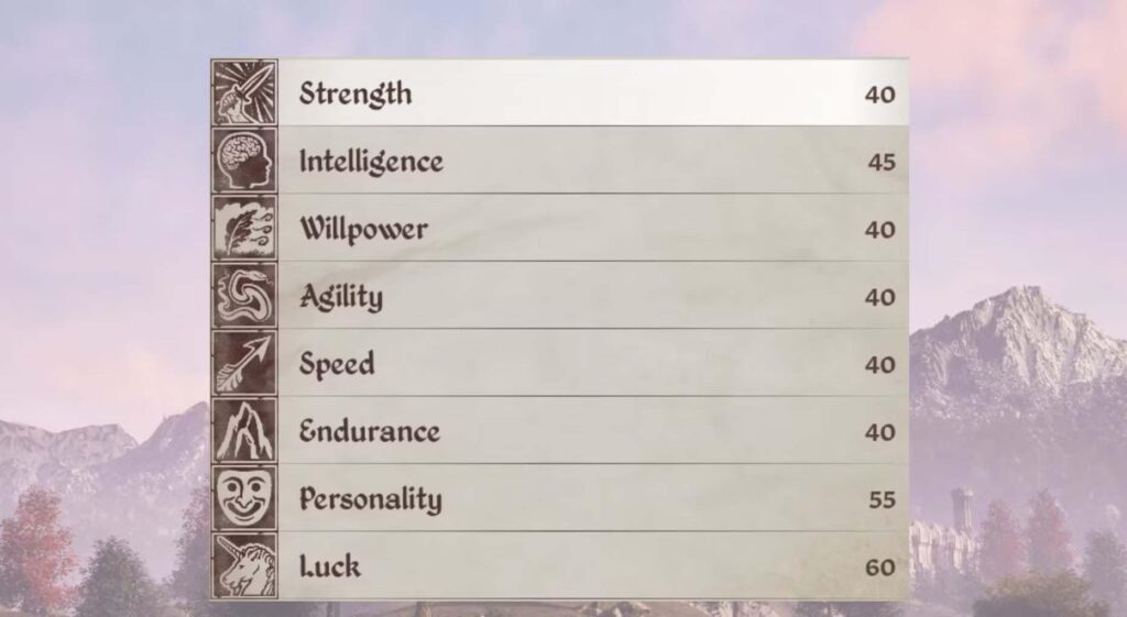 different stats in The Elder Scrolls IV: Oblivion