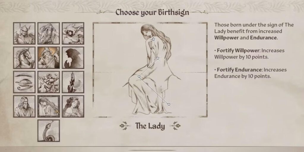 A screenshot of the Birthsign menu in The Elder Scrolls IV: Oblivion