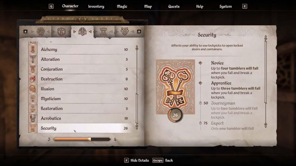 A picture of Security ability in The Elder Scrolls IV: Oblivion