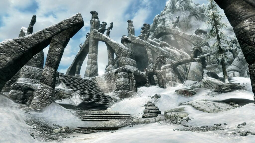 the snowy mountains of The Elder Scrolls V: Skyrim.