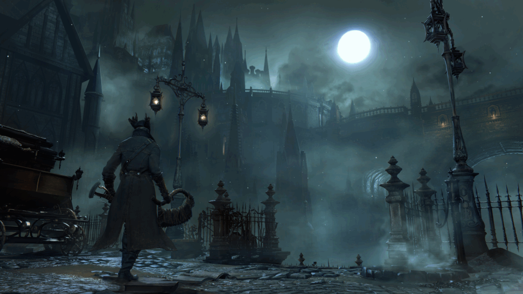 The atmospheric and fearsome streets of Yharnam in Bloodborne.