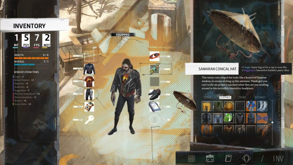 the inventory menu of Disco Elysium.