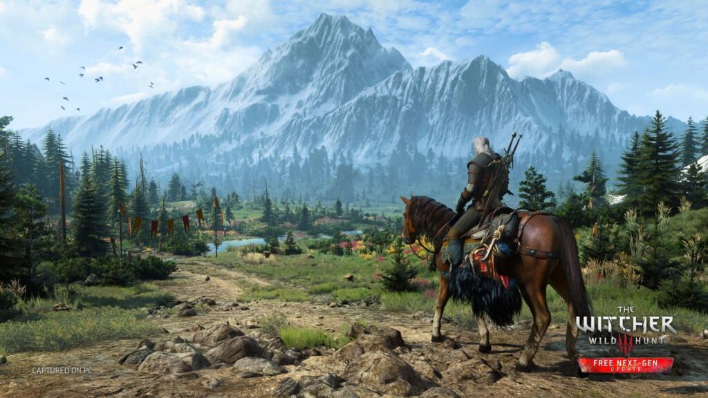 Geralt is riding his trusty horse, Roach.