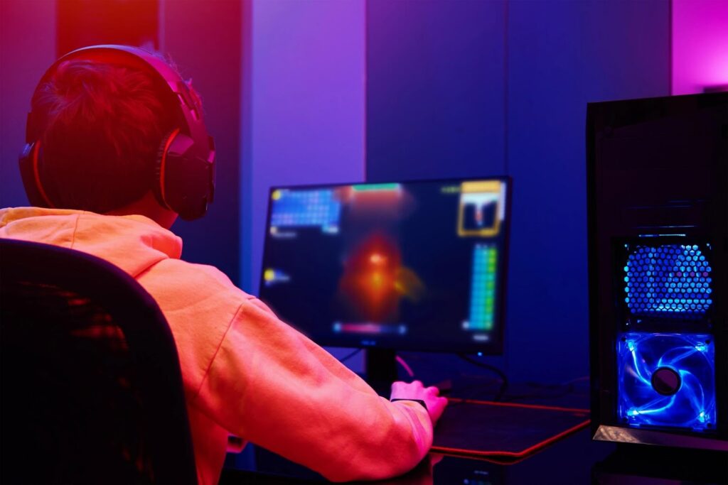 Image of a person playing a game on a PC.
