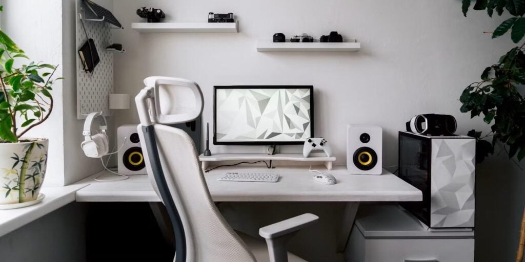  a white gaming room. 
