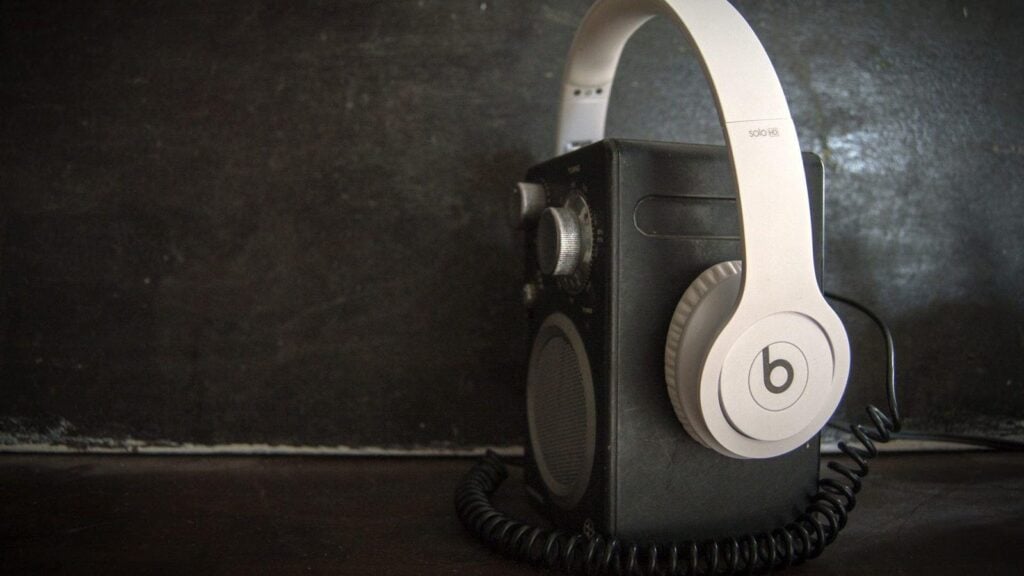 a Beats Studio Headphone on a speaker. 
