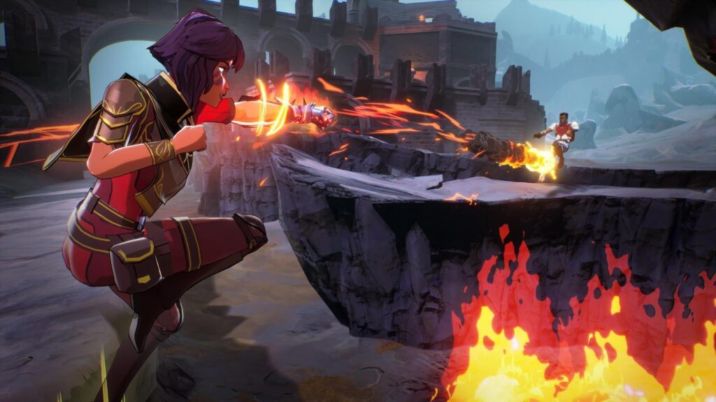  a picture of Spellbreak showing to characters in a fight. 
