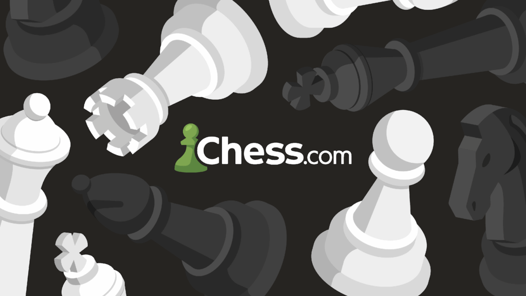 a picture with chess pieces and the Chess.com logo on it. 
