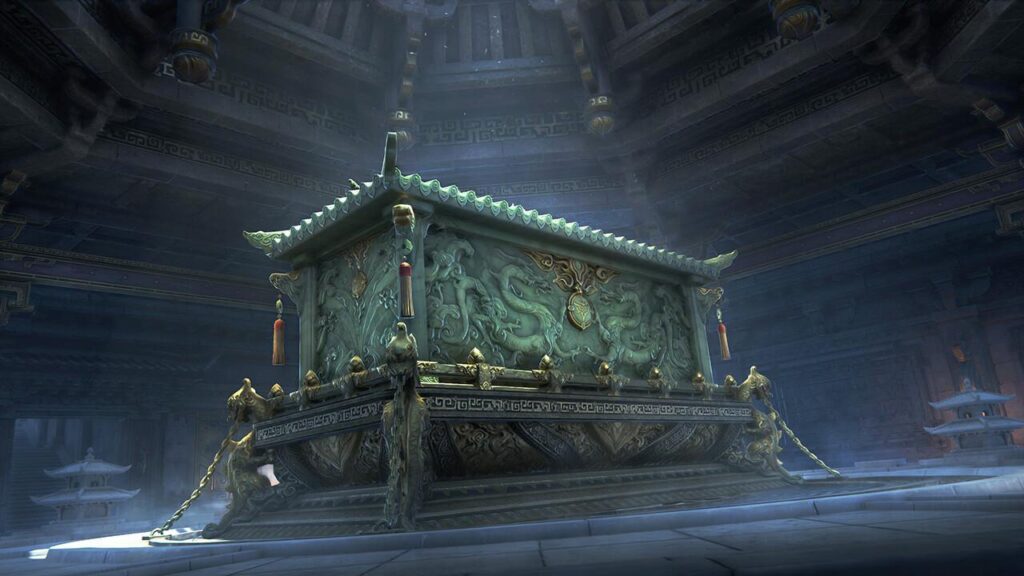 a green and majestic coffin in Naraka: Bladepoint.
