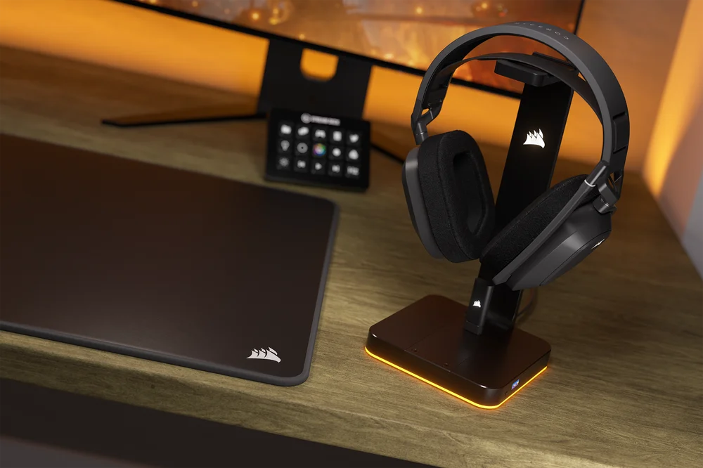  a black headphone in its stand. 
