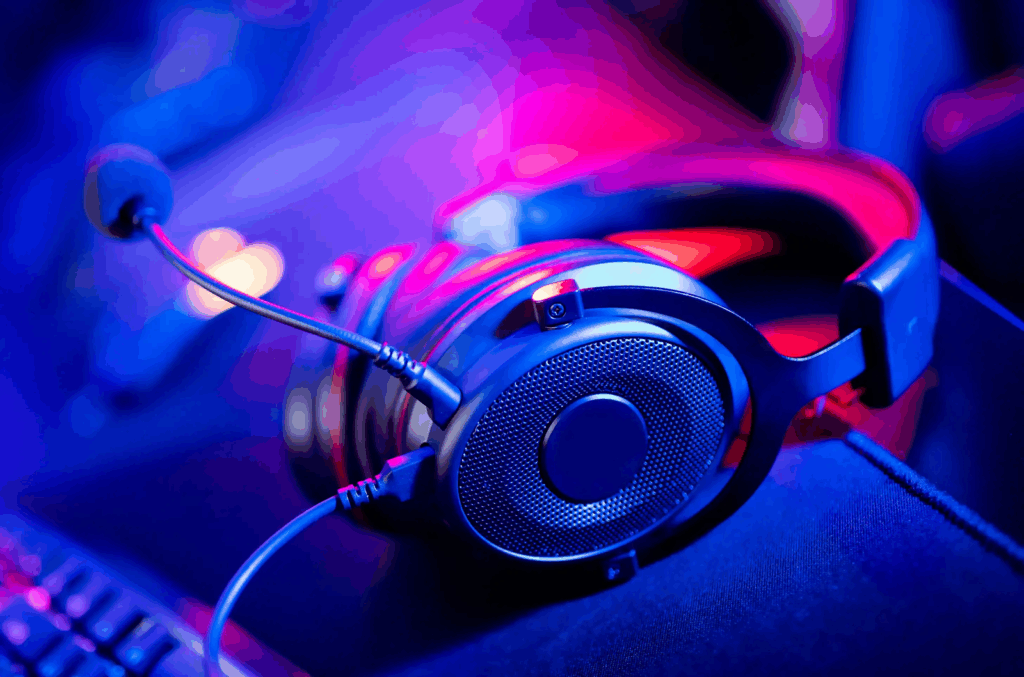  A headphone is on the table, and blue and red lights are reflected on it.
