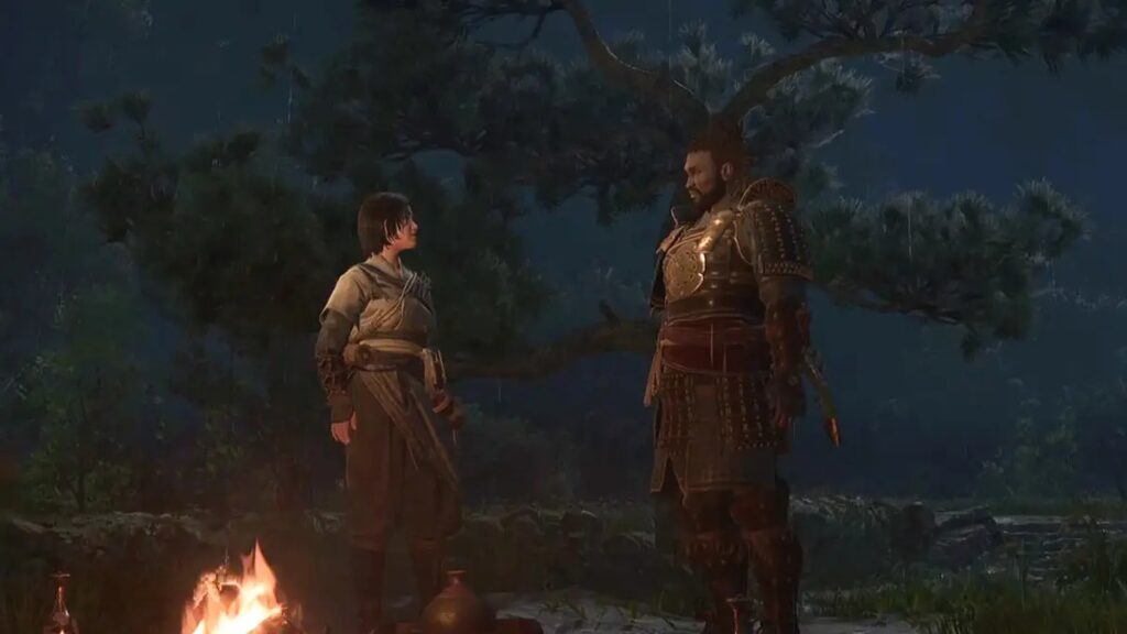 a picture of Naoe and Yasuke near a Campfire in Assassin’s Creed Shadows