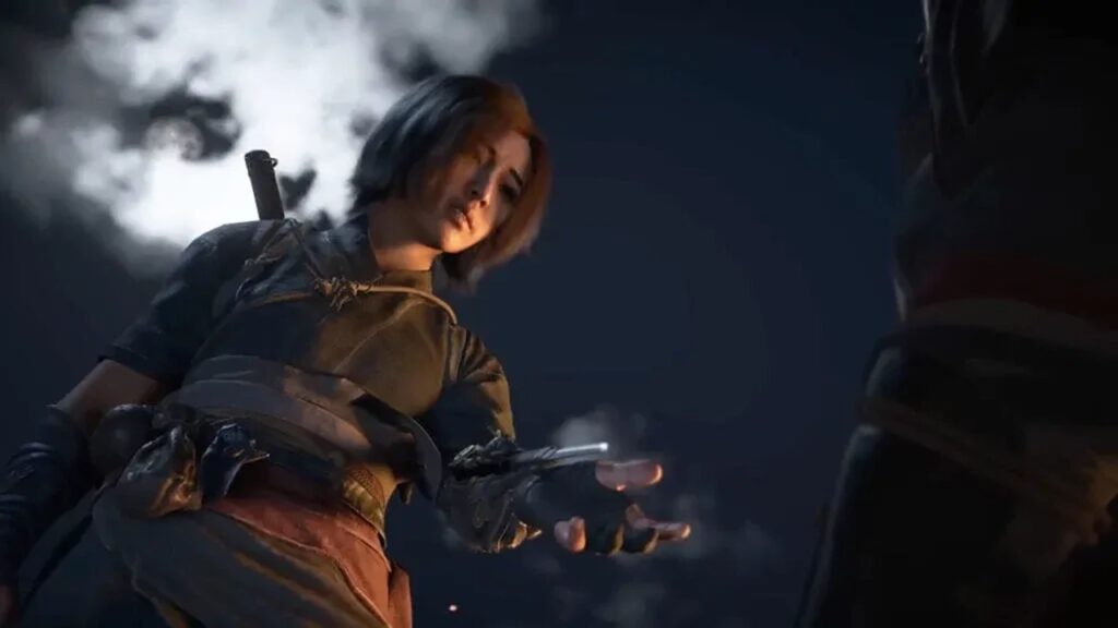 a picture of Naoe stretching her hand towards someone in The Assassins’ Creed Shadows