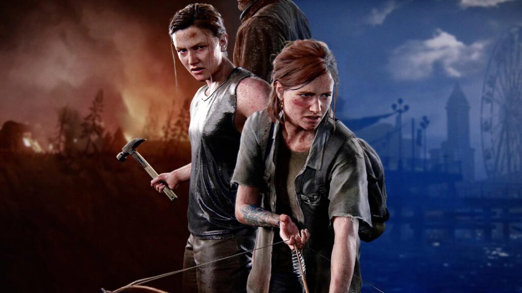 a wallpaper of Abby and Ellie from The Last of Us Part II