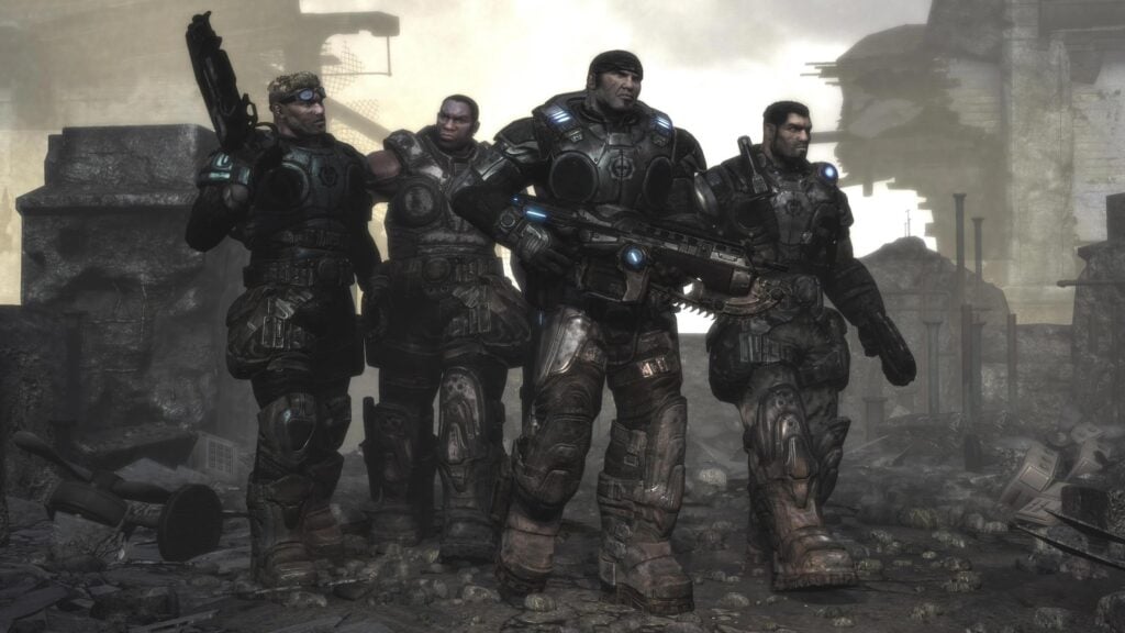 a screenshot of Marcus Fenix and his Delta Squad
