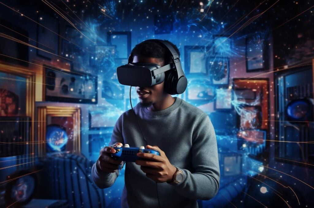 A wallpaper of a gamer with a virtual reality headset
