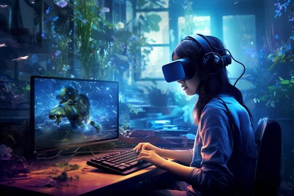 A picture of a gamer with a virtual reality headset