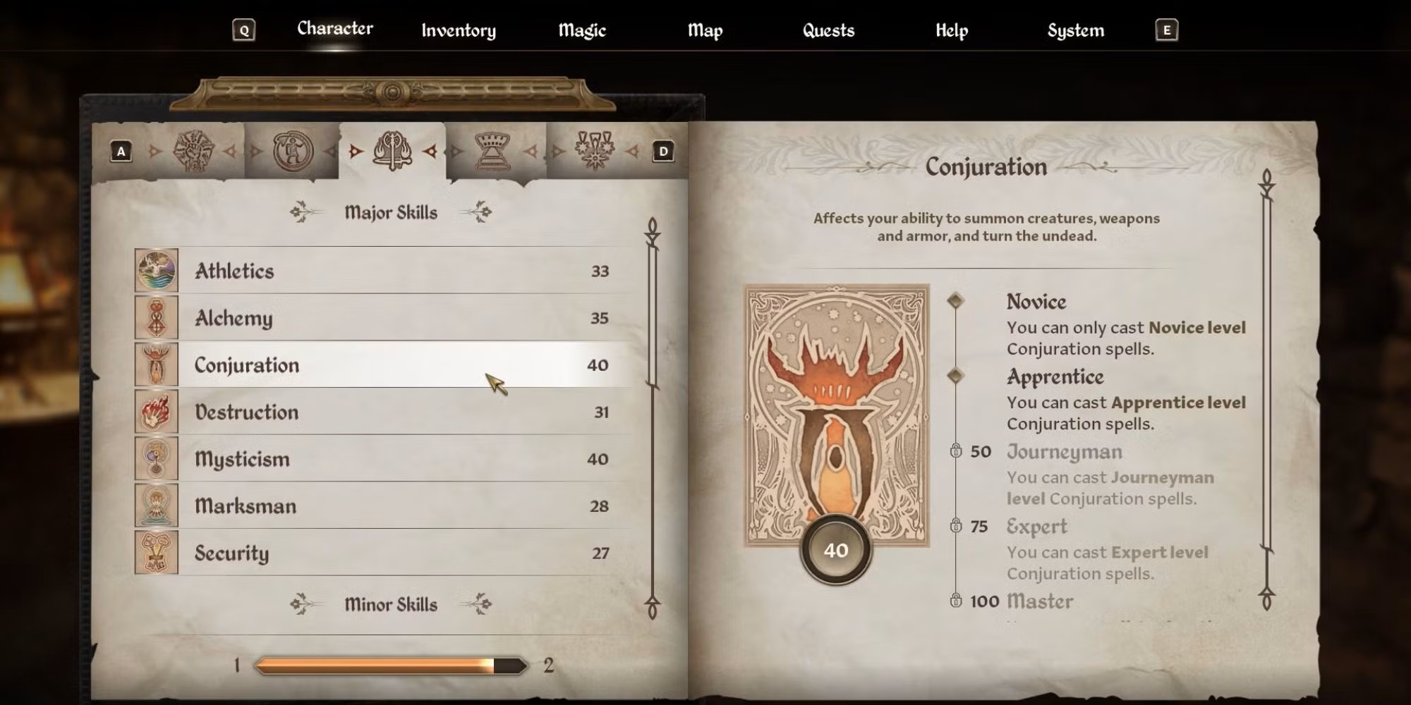 A screenshot of the Conjuration Skill in The Elder Scrolls IV: Oblivion.