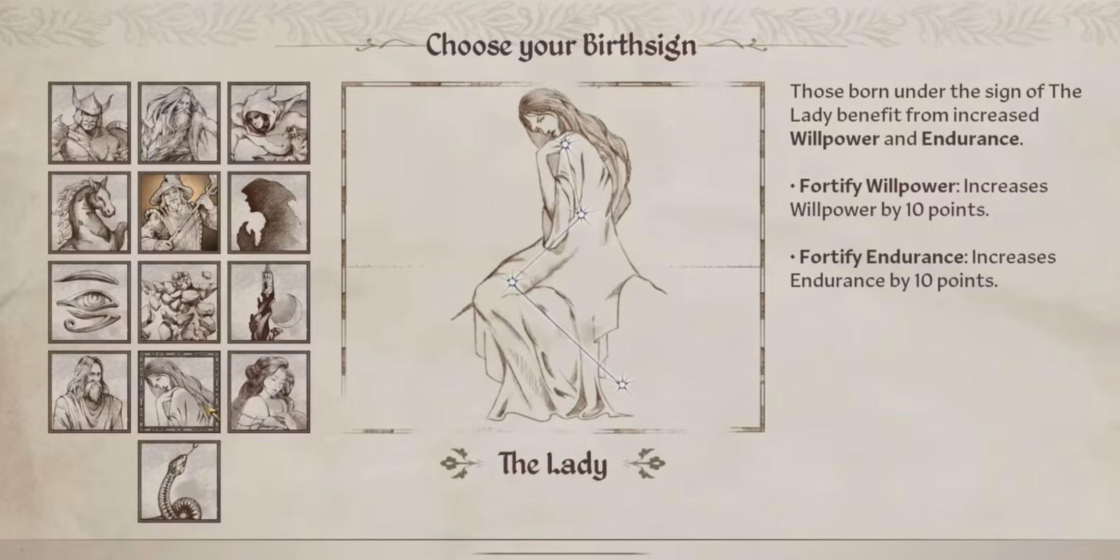 The Birthsign Menu of The Elder Scrolls IV: Oblivion.