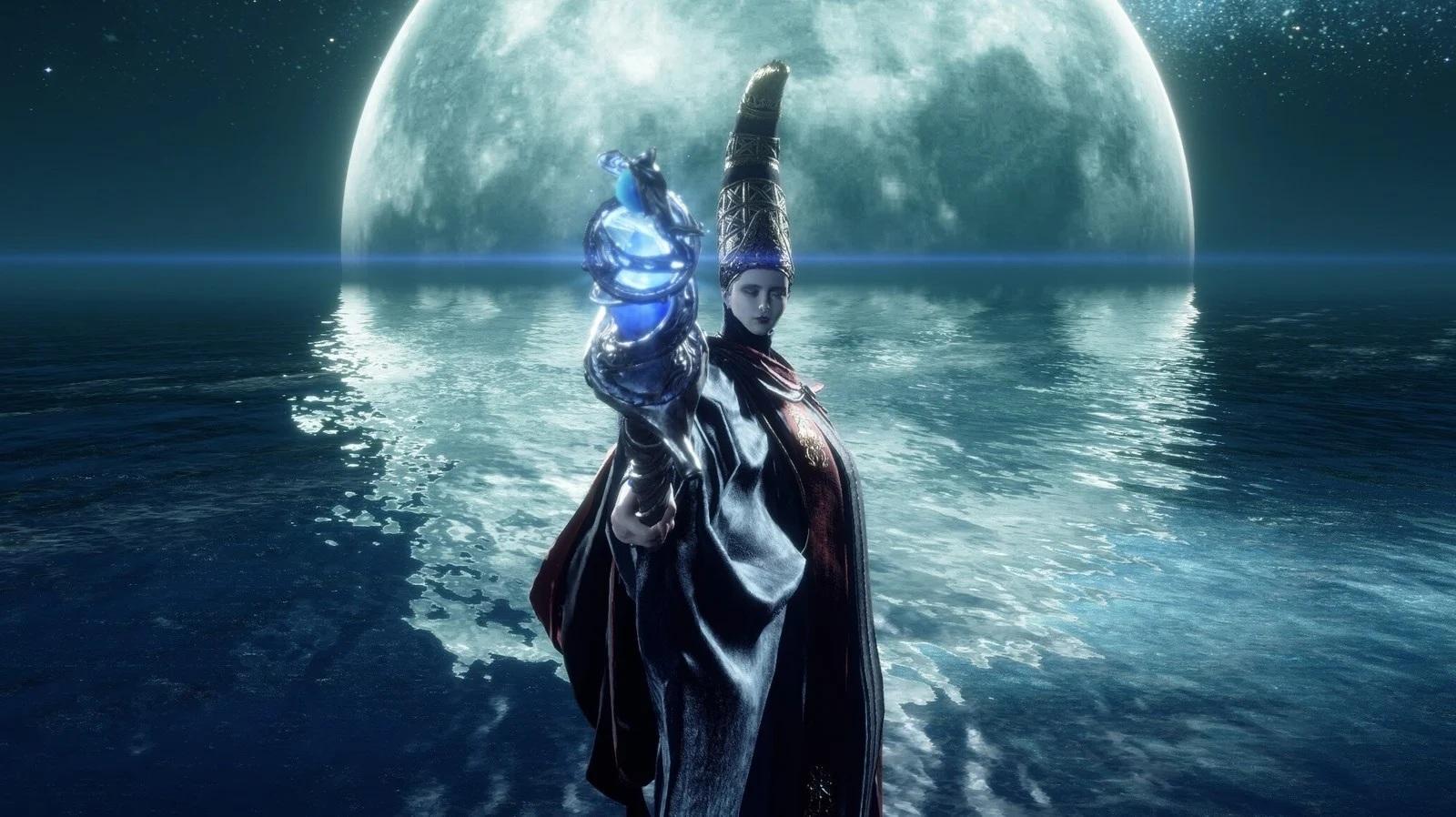 A screenshot of Rennala, Queen of the Full Moon, from Elden Ring.