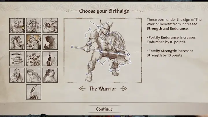 An image of the Birthsign menu in The Elder Scrolls IV: Oblivion.