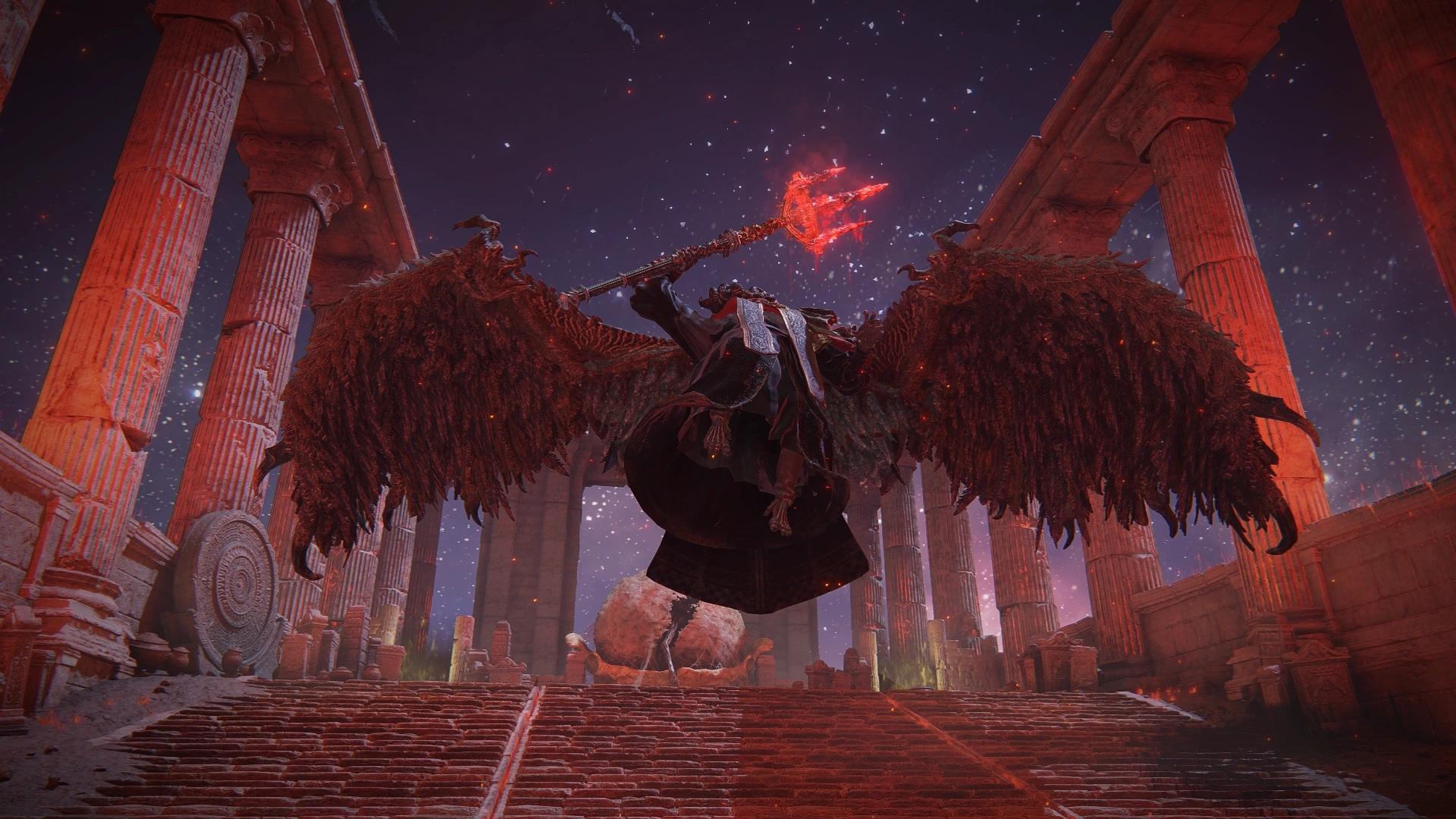 A screenshot of Mohg, Lord of Blood from Elden Ring.