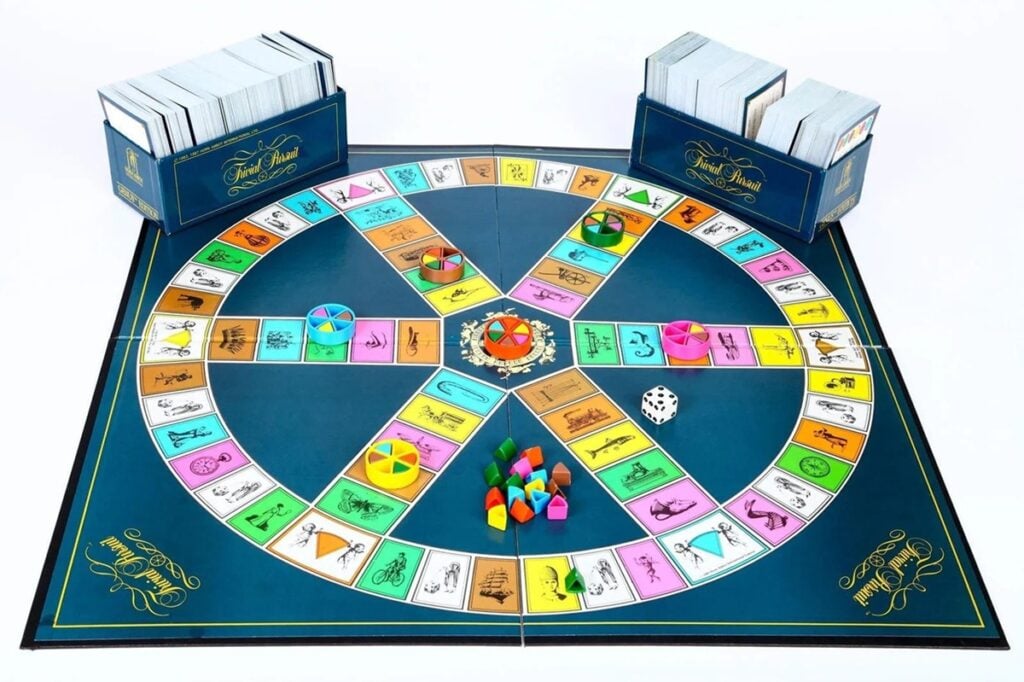 A picture of a trivia board game
