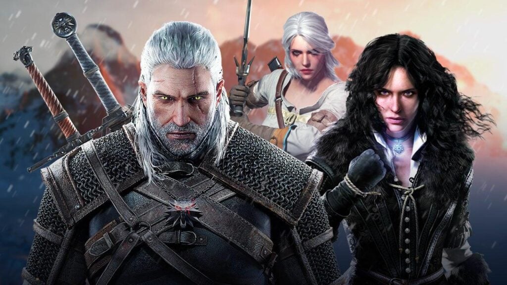 a wallpaper of The Witcher 3 featuring Geralt, Yennefer, and Ciri