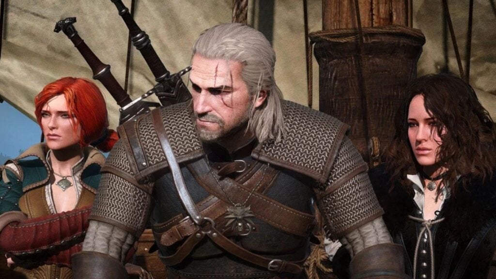 a screenshot of The Witcher 3 featuring Geralt, Triss, and Yennefer