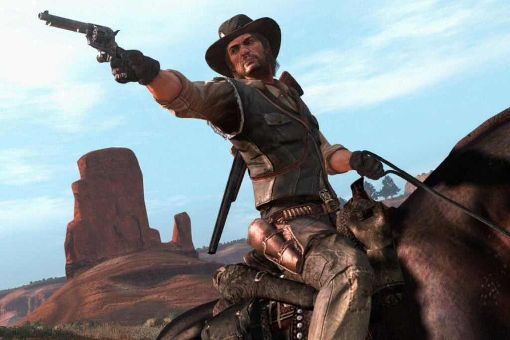 an image of John Marston, the protagonist of Red Dead Redemption, while riding a horse