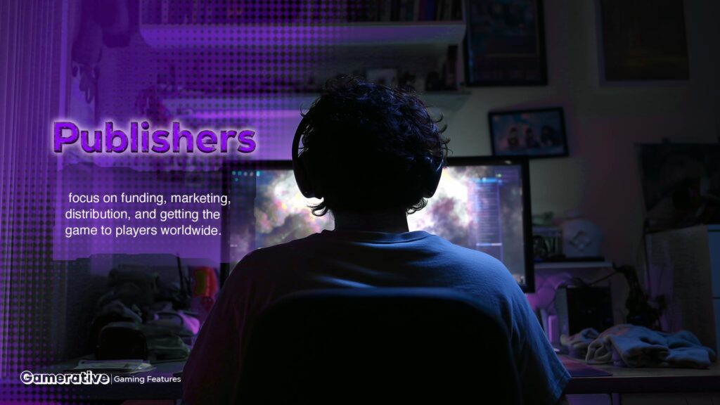 Game Publishers focus on funding, marketing, distribution, and getting the game to players worldwide.