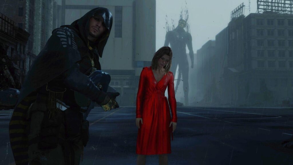 an image of Death Stranding with Higgs and Amelie and a giant BT in it