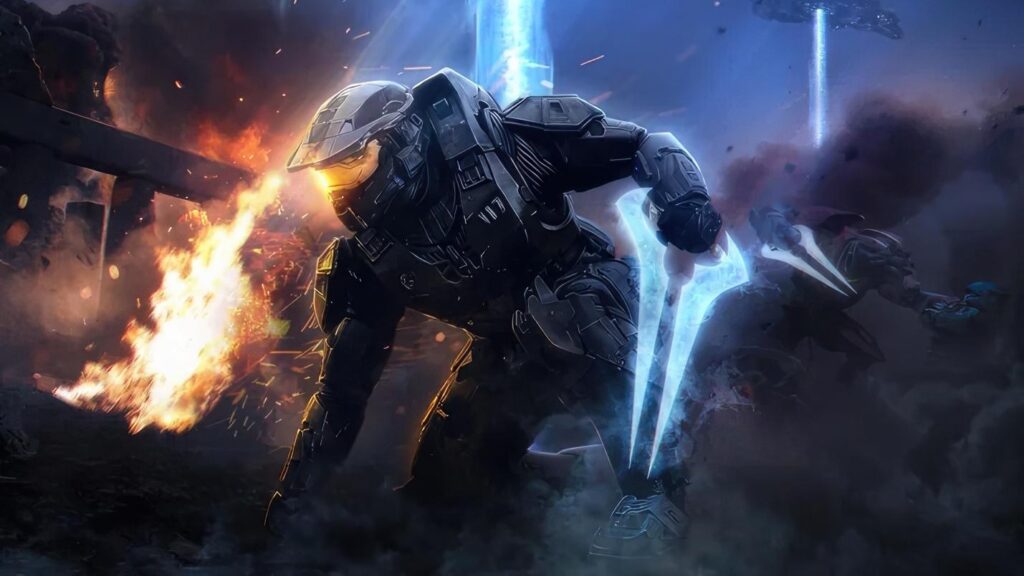 a picture of Master Chief with an Energy Sword in his hand
