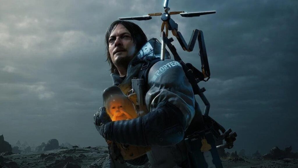 a wallpaper of Death Stranding, featuring Norman Reedus as the main Character