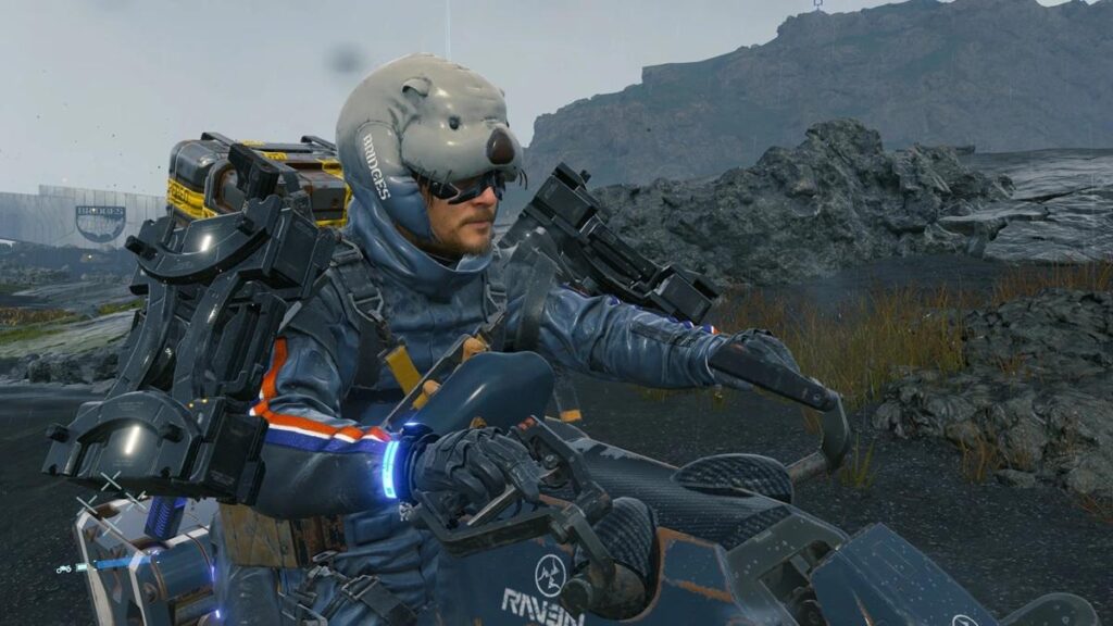 a screenshot of Sam with the Otter Hat from Death Stranding