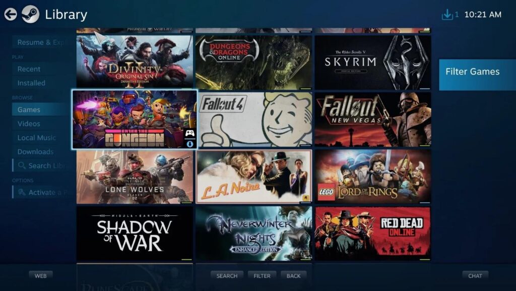 a picture of the Library in Steam's big picture mode