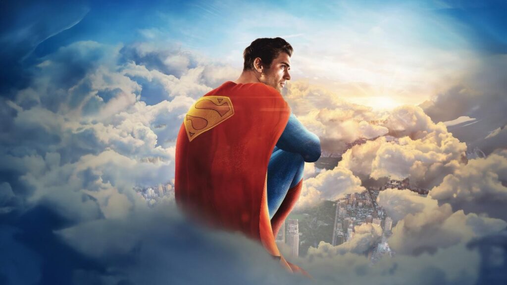 an image of Superman up in the clouds