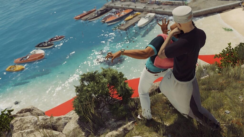 a picture of Agent 47 strangling an enemy.