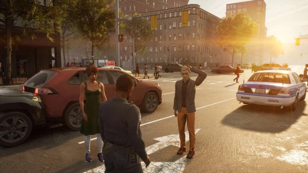 a video game of a man standing in a street with people in front of them