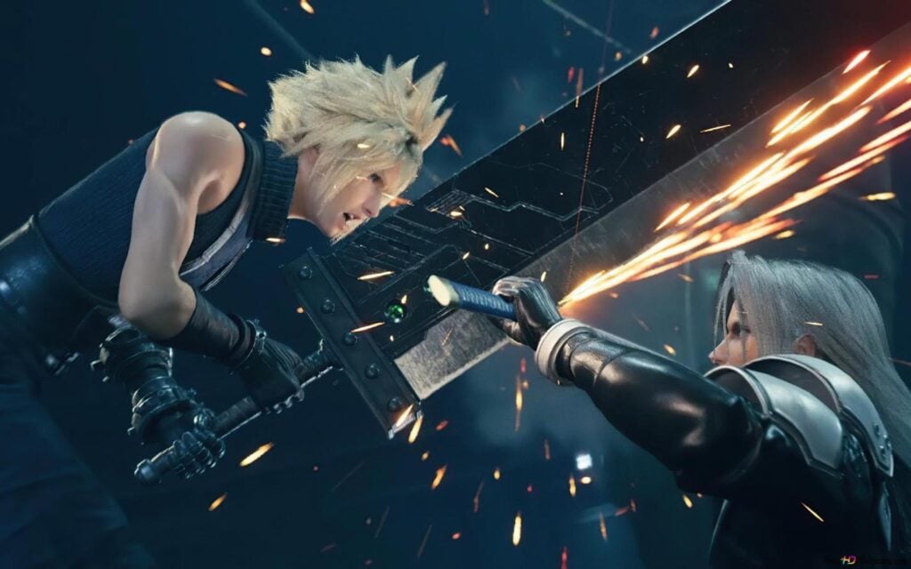a picture of Cloud in a fight with Sephiroth